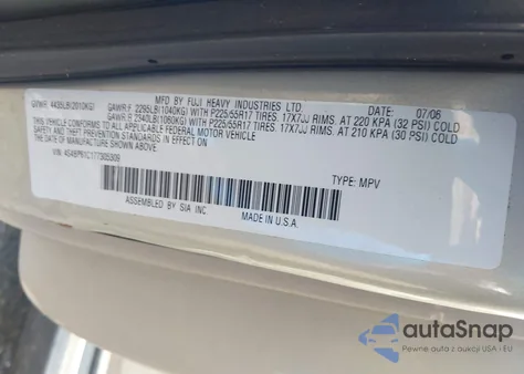 2007 Subaru Outback 2.5I z USA, uszkodzony, nr VIN 4S4BP61C177305309